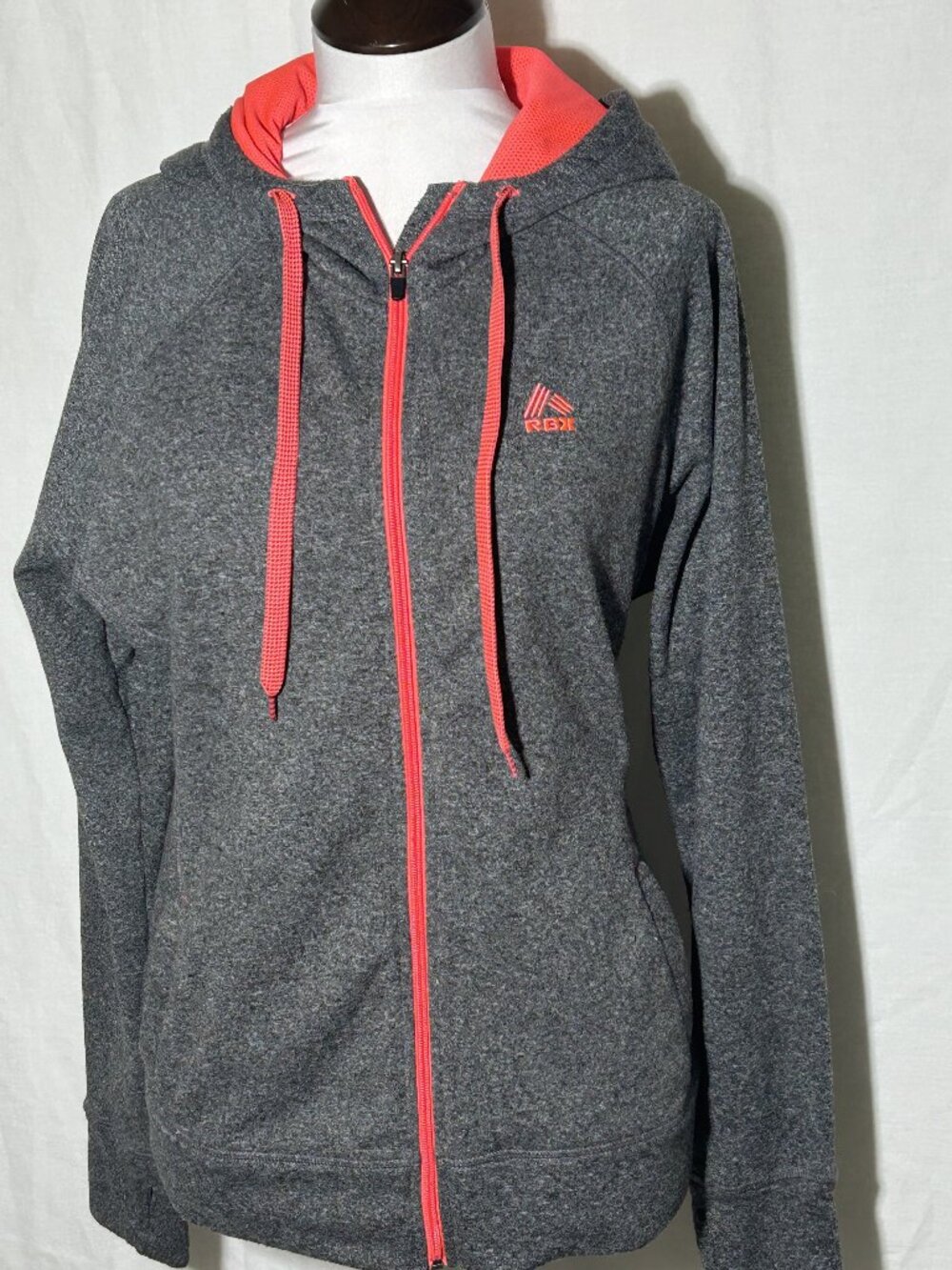 Full Zip Hoodie Jacket Marled Grey w Neon Orange Inside Hood & Zipper sz XL